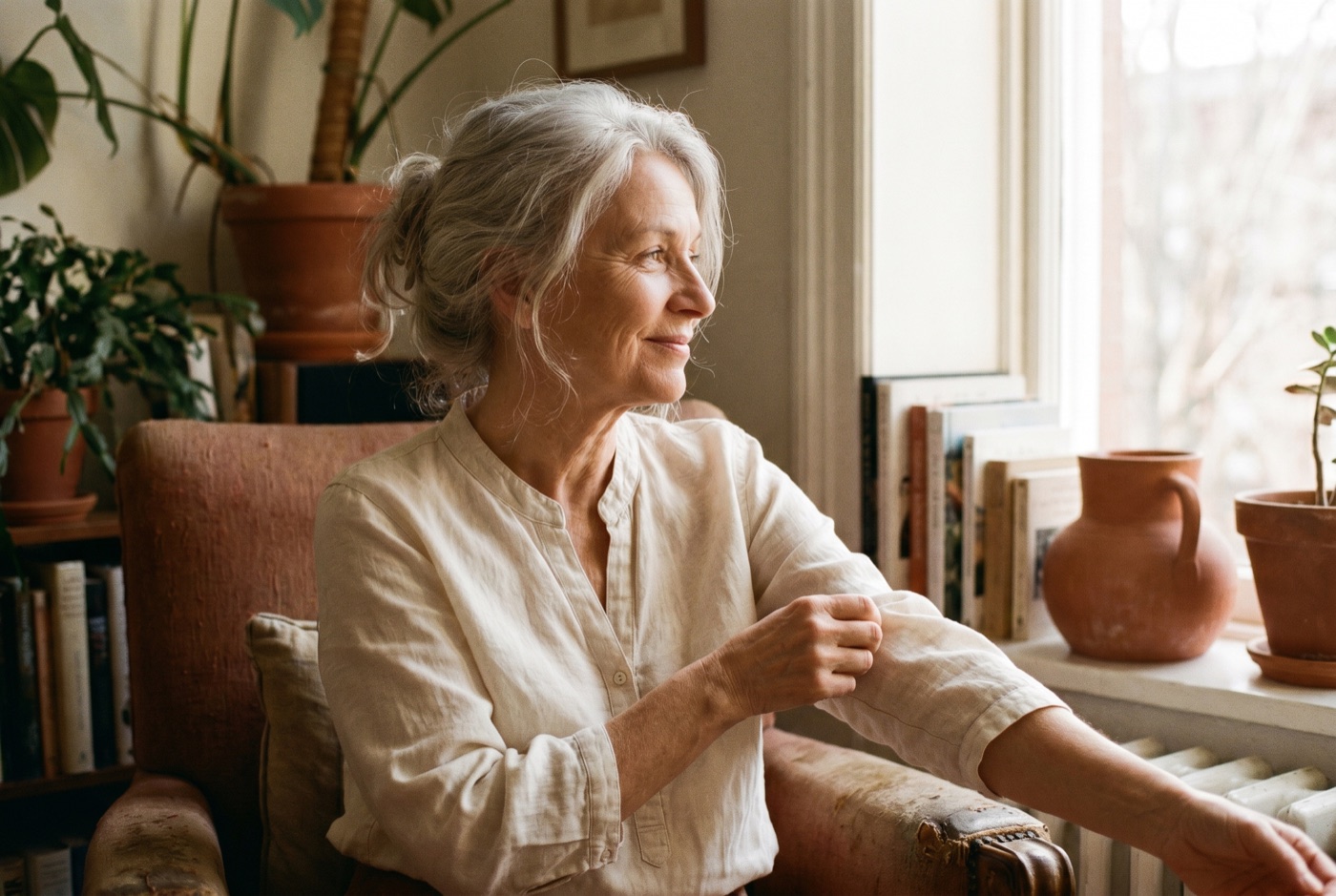 A relatable woman aged 50 to 65, warm and natural